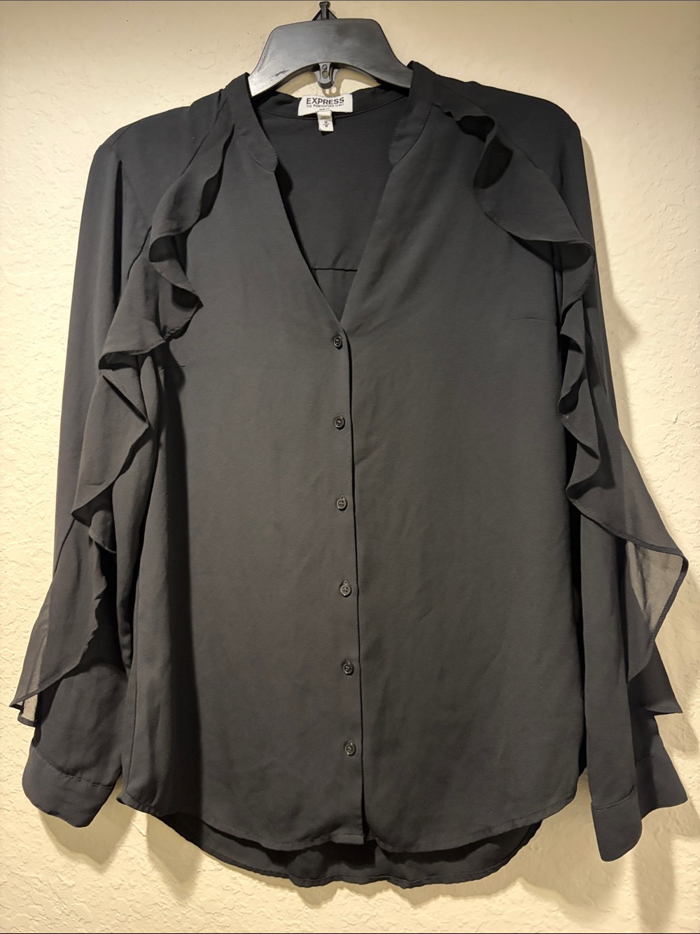 Express Black Ruffle-Trim Button-Down Blouse
